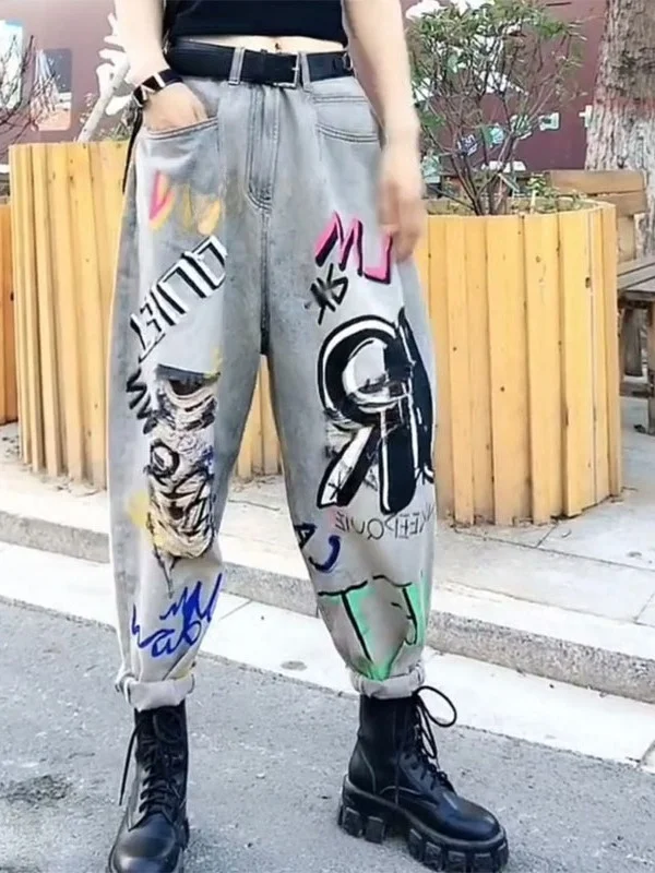 

Spring New Sle Women's Loose Harlan Pants Printed fiti Worn out Personali High Waist Wide Leg Jeans Casual Faion