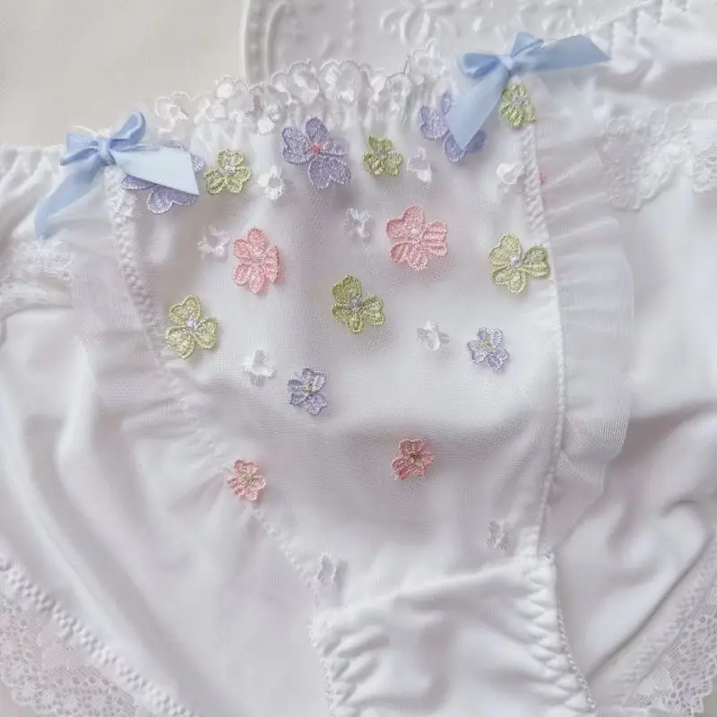 Women Milk Silk Soft Bow Underwear Elasticity Breathable Flowers Embroidery Cute Lovely Sweety Panties Princess Style Breifs