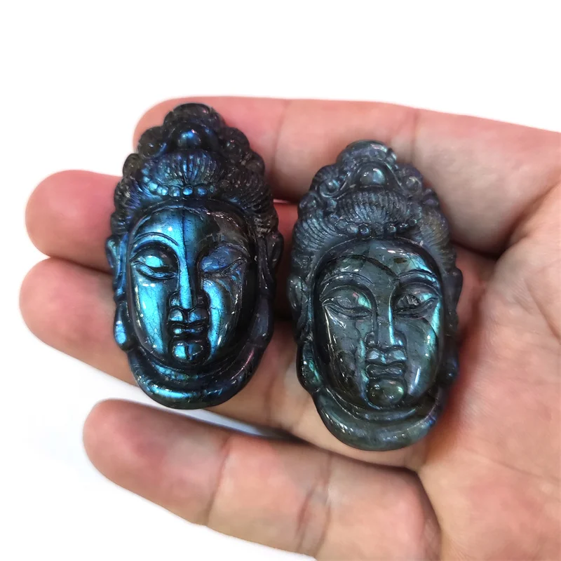 

Handmade Natural Labradorite Buddha Head Pendant Bead With Hole Chinese Style Religious Holy Lucky Amulet DIY Necklace Jewelry