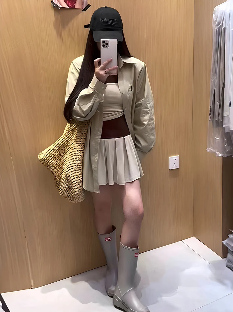 Inizio autunno Protezione solare Colletto irt Set Gonna scozzese a vita alta da donna Set di pezzi di maglietta Set coreano Sle Faion