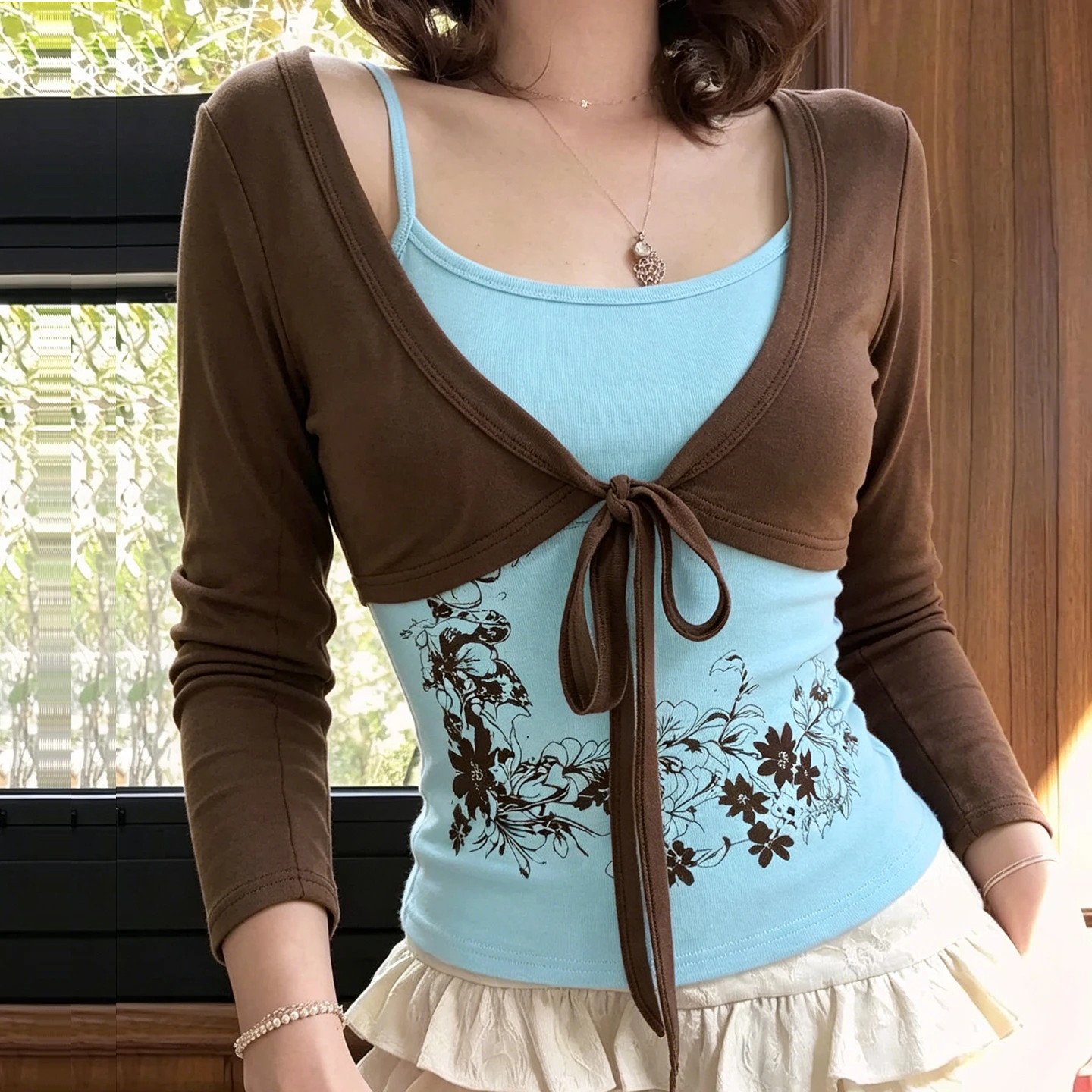 SUCHCUTE  Women Y2K 2‑Piece Outfit Long Sleeve Tie‑Front Cropped Shrug Cardigan Floral Print Cami Top Vintage Retro Slim Fit Set