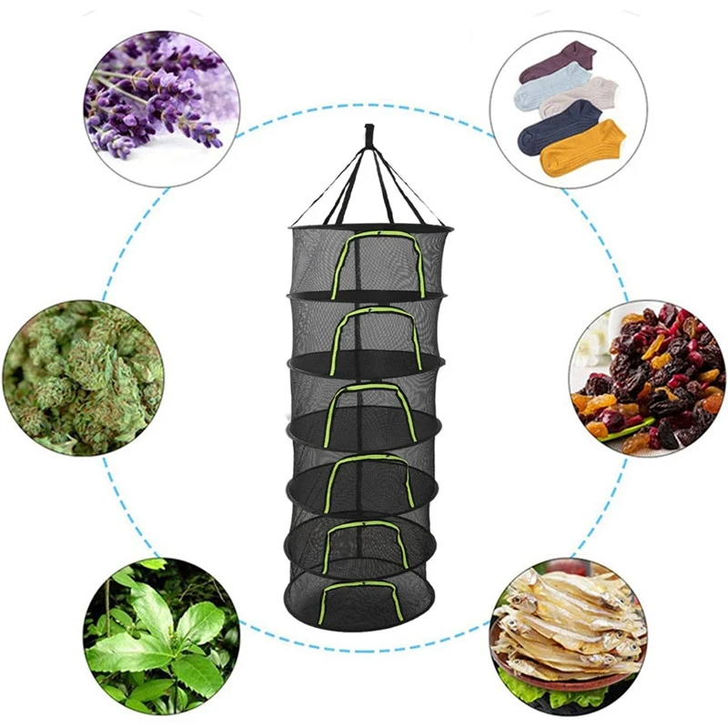 Folding Dry Rack Drying Net for Herbs Hanging Basket Dryer Bag Mesh Herb Drying Net for Flowers Buds Plants - 6 Layers-AT35