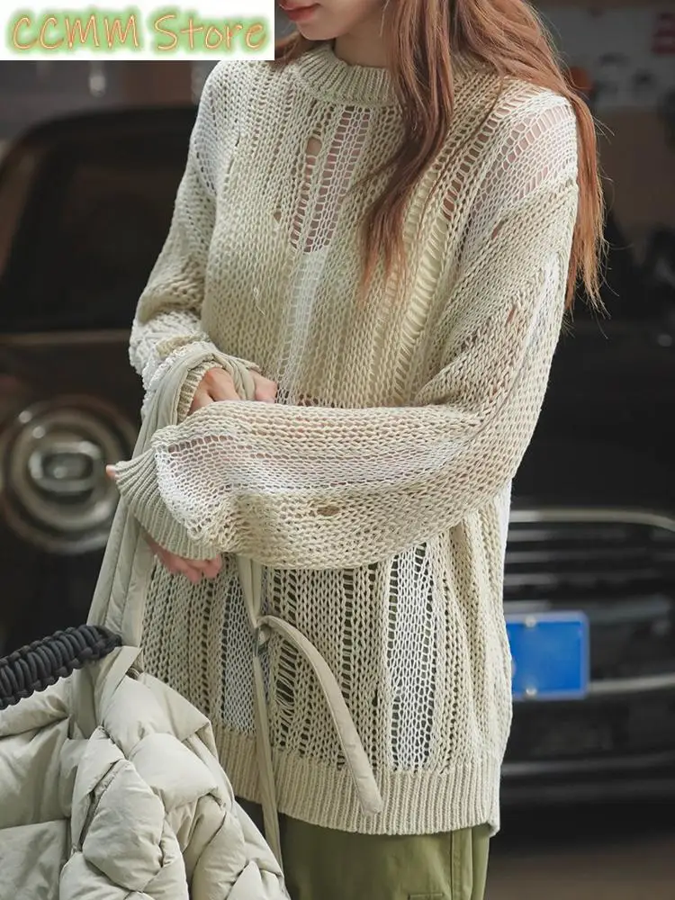 Khaki Hollow Out Big Size Knitting Sweater Round Neck Long Sleeve Women Pullovers New Fashion Spring Summer