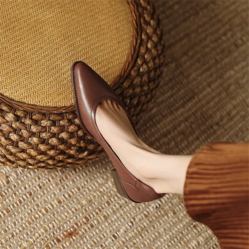 2024 Spring/Autumn Pointed Toe Women Pumps Chunky Heels Genuine Leather Loafers Shoes For Women Ladies Shoes Zapatos De Mujer