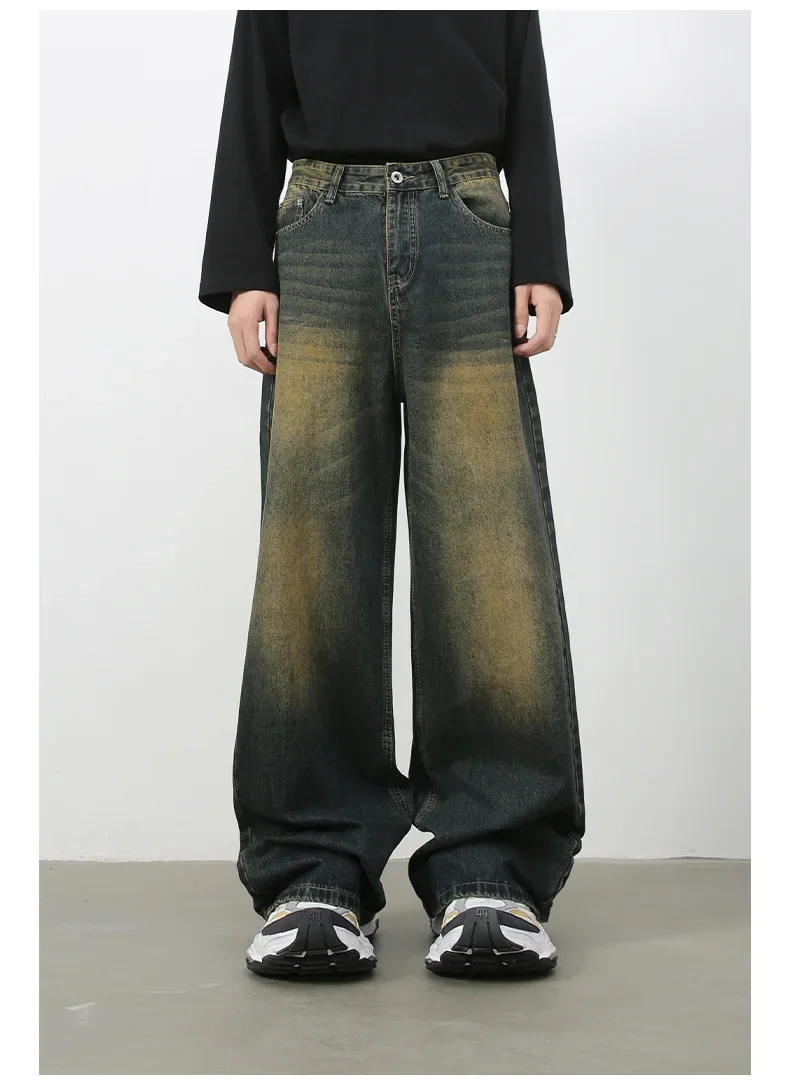 Korean Fashion Men's Denim Pants Vintage Washed Male Jeans Straight Men Casual Loose Wide Leg Trousers Y2k Japanese Streetwear