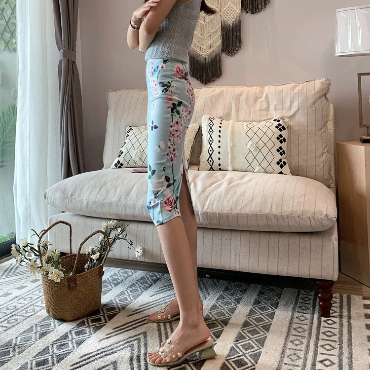 

High Waist Printed Elastic f-length Skirt Korean Sle Commute A-Line Midi Skirt with Side Split Slimming Effect