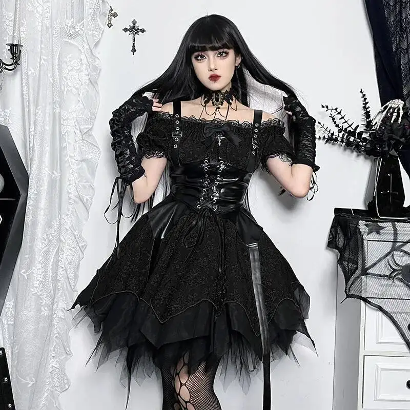 

Gothic Punk Dress Women's Elegant Dark Fashion Dress Summer New Slim Fit Stylish Off Shoulder Design