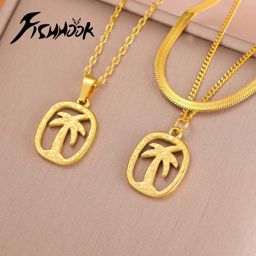 Fishhook Vacation Sunshine Coconut Palm Trees Sea Ocean Beach Necklace for Men Woman Kid Child Boy Gift Stainless Steel Jewelry