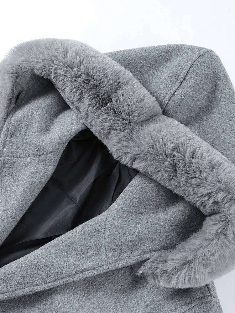 

Elegant Coat Women Plush Hooded Tweed Lapel Belt Faux Fur Sleeve Coats Female Retro Chic Autumn Classic Street Casual Outwear