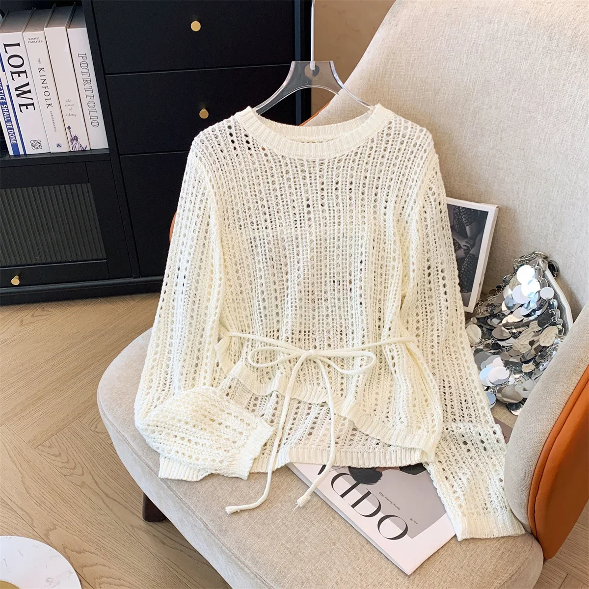 비대칭 긴 소매 크로셰 니트 탑 여름 비치 비키니 커버업 타이 웨이스트 크롭 풀오버 블라우스 여성 휴가복