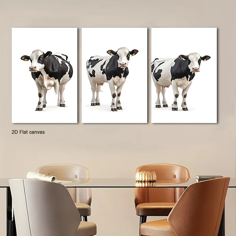Frameless canvas [2D Flat] Set Of Three 2D Flat Canvas Artworks Featuring Spotted Cows From An Angle, Ready To Hang And Perfe