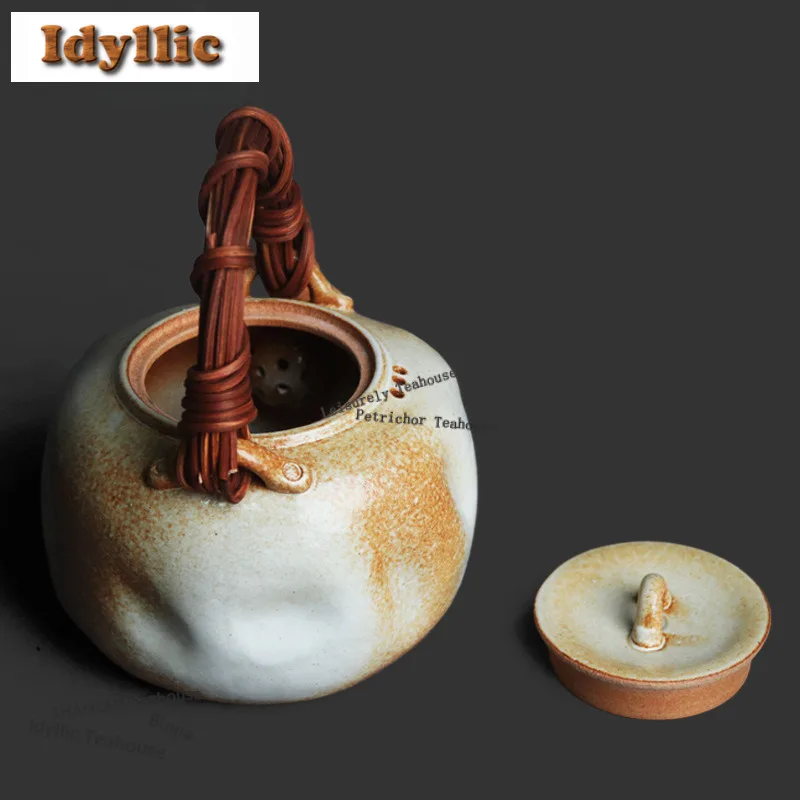 900ml Wood-fired Porcelain Pattern Rattan Loop-handled Pot Luxury Tea Infuser Pot Tea Brewing Kettle With Strainer Tea Services