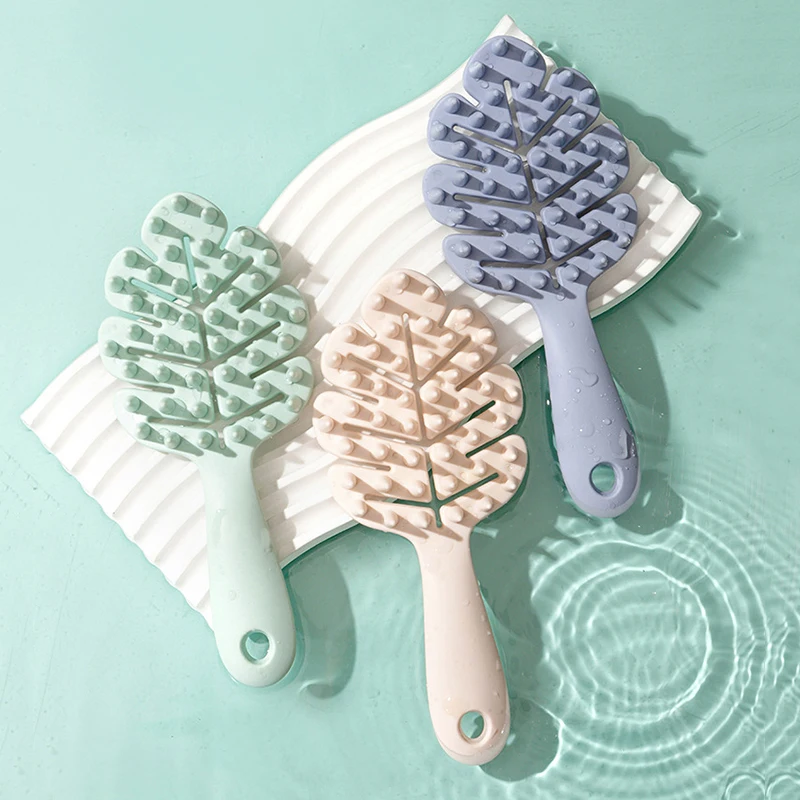 Leaf Shape Silicone Shampoo Brush Head Scalp Massage Soft Hair Comb Long Handle Bath Brush Body Massage Cleansing Tool Gift view 2