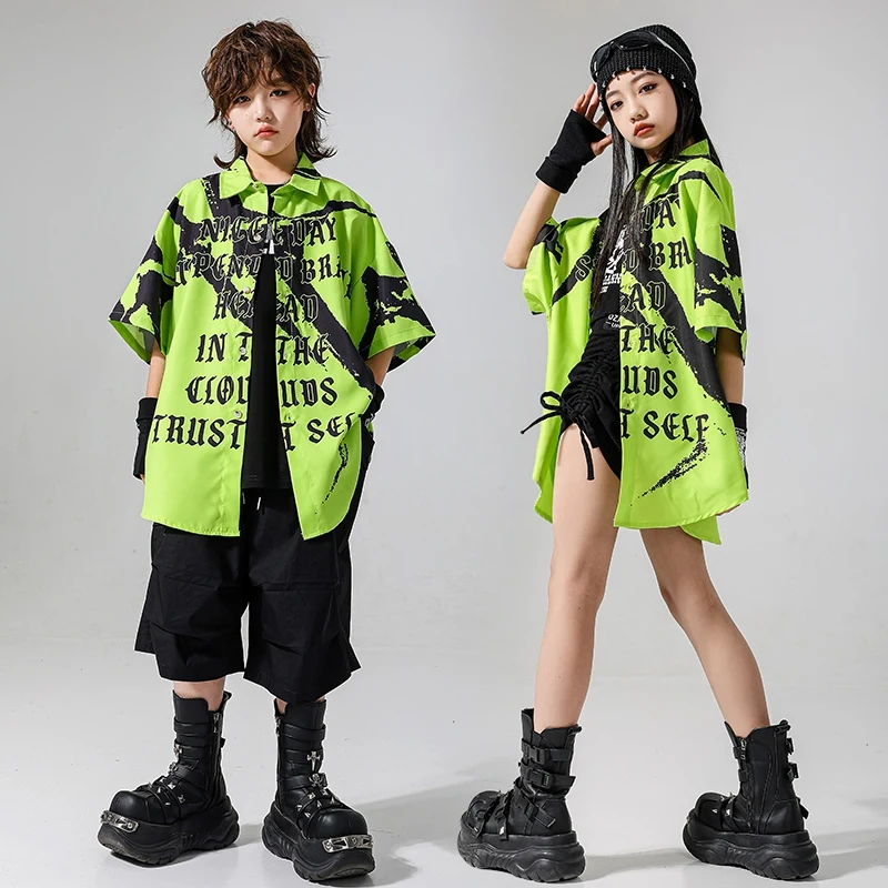 Children Jazz Dance Costume Summer Oversize Hip Hop Green Shirt Black Shorts Girl Kpop Stage Outfit Boys Street Dance Wear 3424