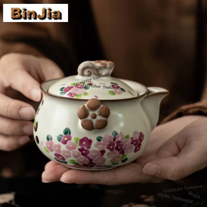 160ml Chinese Ru Kiln Porcelain Teapot Cute Panda Flower Handheld Pot Antiquetea Making Kettle With Infuser Tea Services Craft