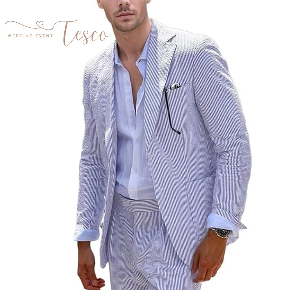 Tesco Customized Seersucker Men's Suits 2 Piece Casual Summer Beach Men Suits Wedding Grooms Jacket Pants Striped Suit Set