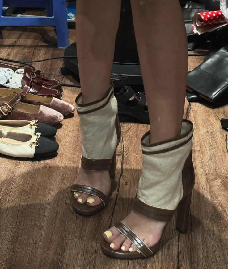Brown canvas leather summer sandals boots vintage open toe mixed colors chunky heels ankle boots open toe luxury designer shoes