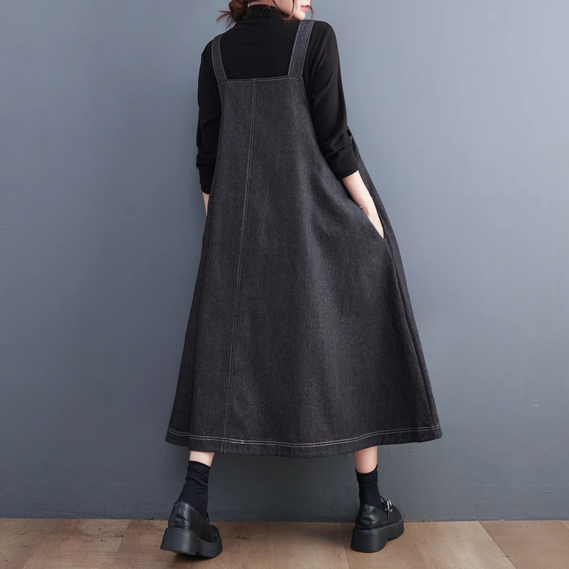 YZJNH 2024 Autumn Strap Dress Hong Kong Style Loose Retro Versatile Design Bright Thread Folded Casual Cowboy Strap Dress