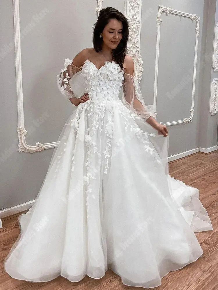 Gaun pernikahan wanita Bohemia elegan gaun pengantin Tulle Glitter gaun pengantin panjang pel bunga A Line Princess Vestidos De Novias 2024