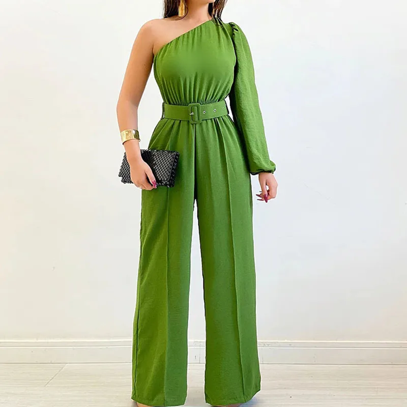 Elegant One Shoulder Sleeveless Wide Leg Romper New Fashion Casual Solid One Pieces Playsuits 2023 Woman Long Pants Jumpsuits