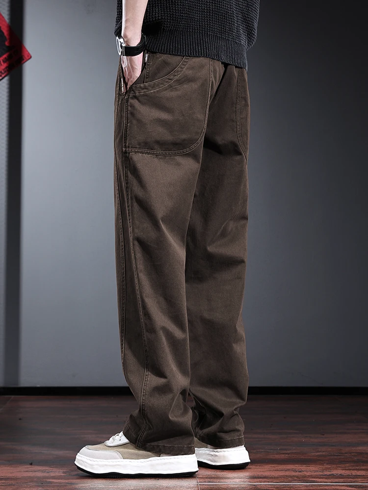 Autumn Baggy Straight Pants Men Casual Coffee Cotton Cargo Pants Korean Style Clothing Elastic Waist Loose Trousers