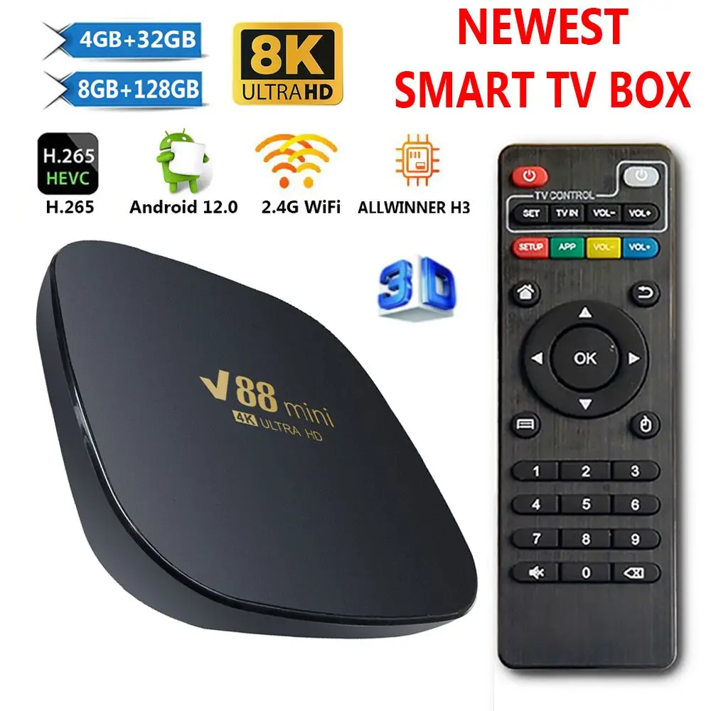 

V88 Mini Smart TV Box Android 12 Allwinner H3 Quad Core 2.4G WIFI 8K Set Top Box 8GB+128GB Media Player H.265 Home Theater