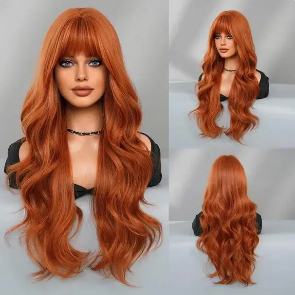 

Europe and The United States Orange Wig Head Set Natural Bangs Long Curly Hair Big Waves Women Synthetic Fiber Wig