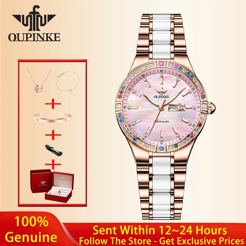 

OUPINKE Women Watch Luxury Brand Automatic Mechanical Watch Elegant Color Diamond bezel Set Gift Original Reloj Women Watch 3283