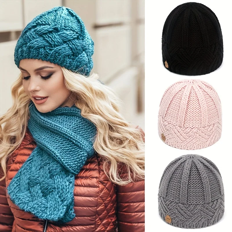 Women's 2026 Autumn Winter Beanie - Fashion Diamond Check Pattern, Soft Knitted Ski Cap, Vintage Warm Beanies