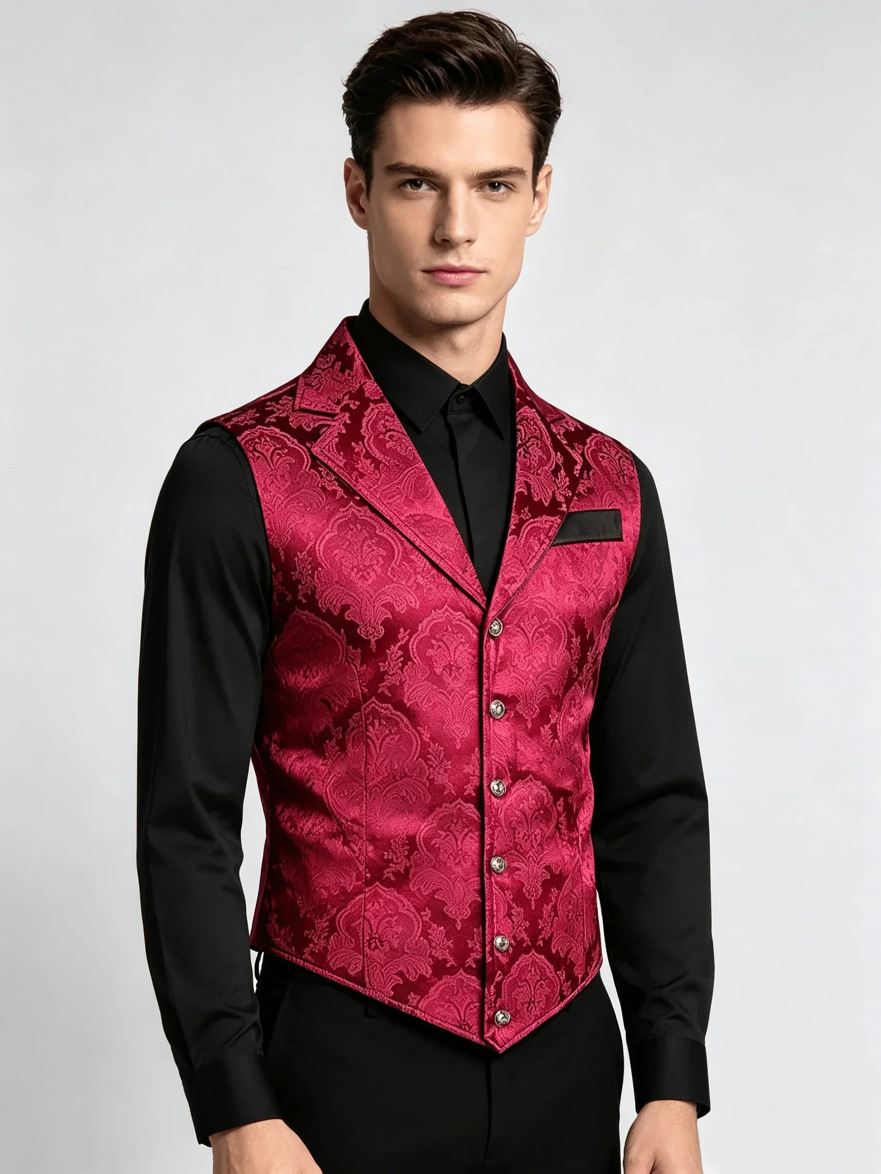 Men Victorian Gothic Jacquard Waistcoat, Lapel Single Breasted Suit Vest, Steampunk Wedding Groom Formal Party Cosplay Vest