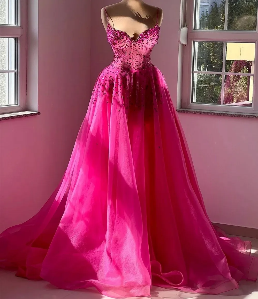 

Rose Pink Prom Pageant Dress Straps Crystal Beads Organza A-line Evening Formal Party Gowns Celebrity Gala Robe De Soriee
