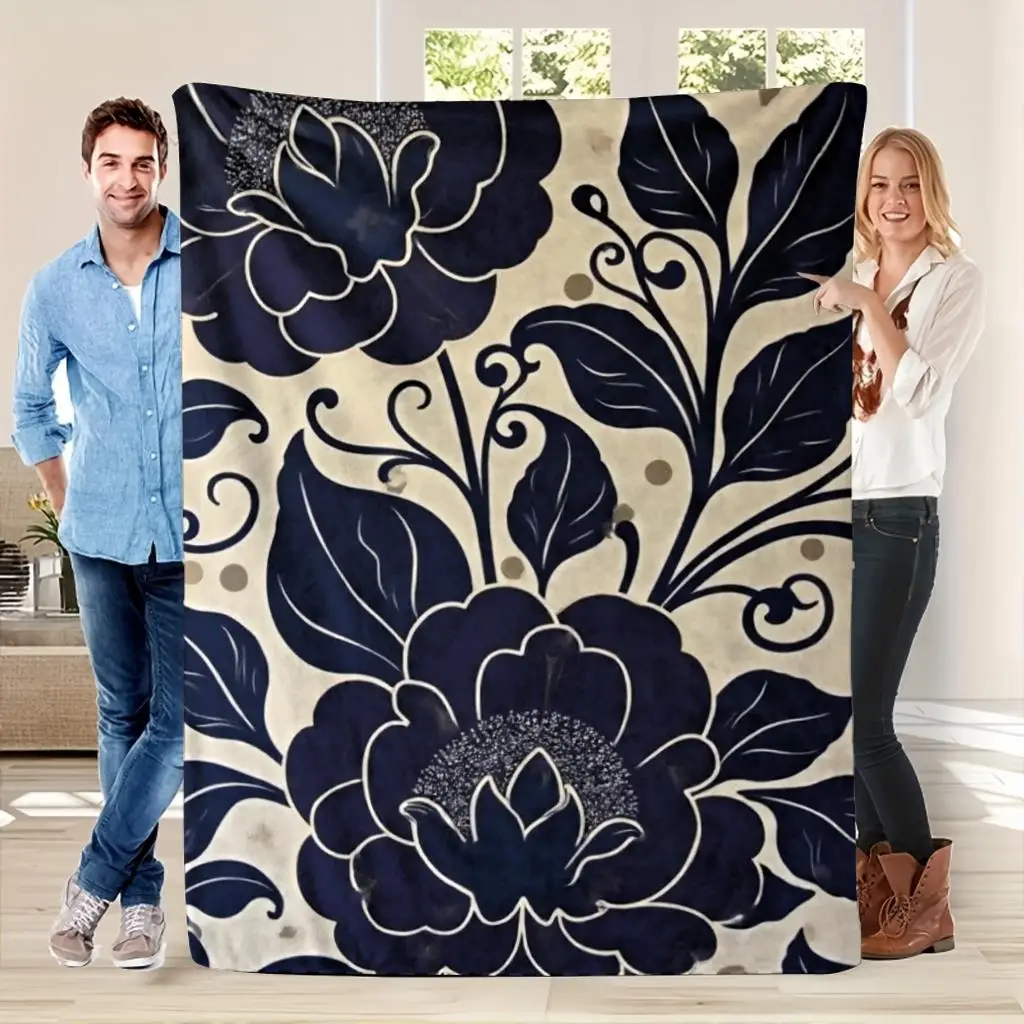 1pc Navy blue floral pattern blanket, polyester fabric, machine washable, suitable for sofas, beds, and home décor.