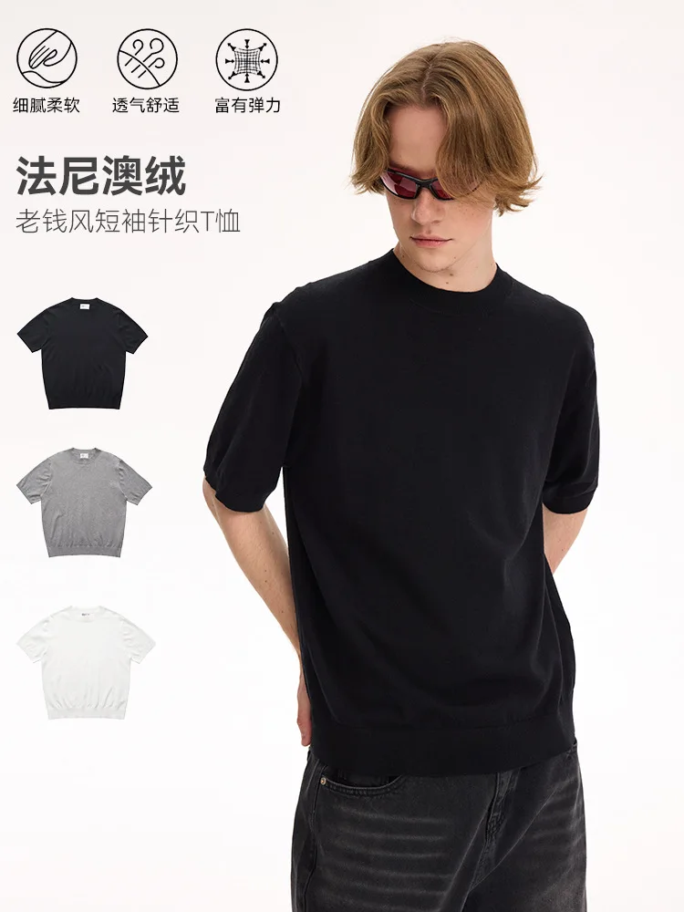 

UNF "Old Money Style Fanio Velvet" straight shoulder short-sleeved T-shirt small high collar solid color knitted tee summer men