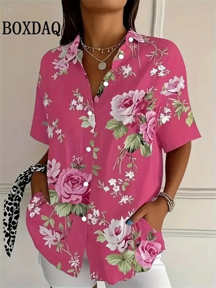 Summer 2025 Women's Short-Sleeved Shirts With Fresh Floral Print Lapel Shirt Fashion Tops Casual Summer Beach Vacation Blouses