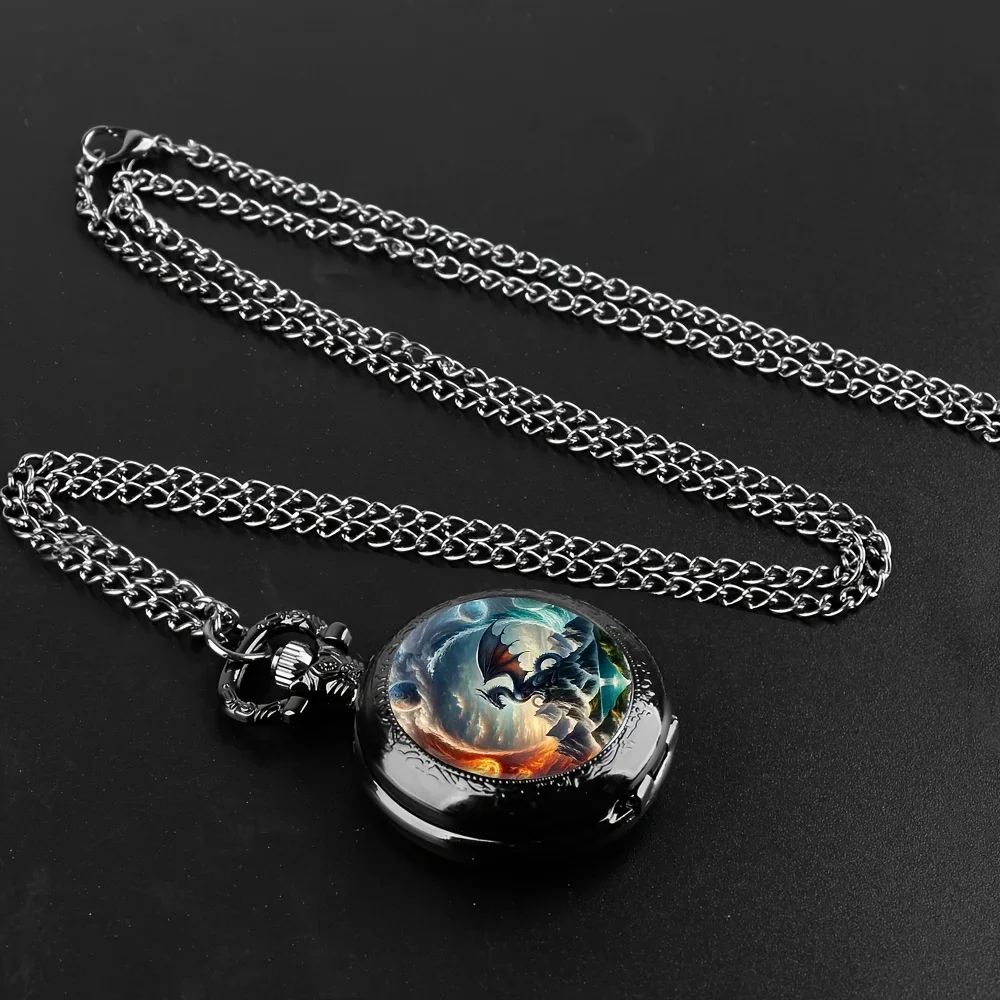 1pc Retro Dragon Quartz Pocket Watch, Cool Black Necklace, Unique Pendant Clock With Chain