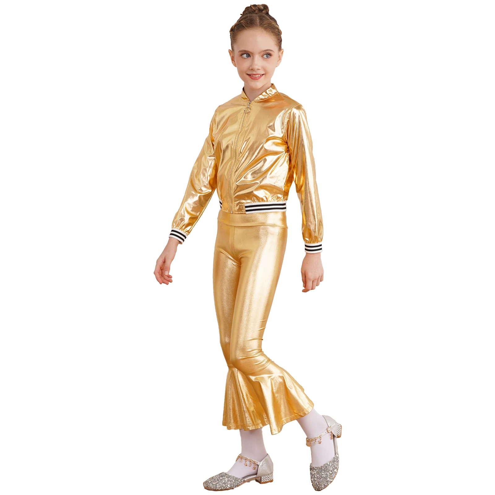 Kids Girls Hip Hop Jazz Dance Top Jacket Metallic Long Sleeve Stand Collar Zipper Bronzing Cloth Outerwear Street Dance Wear New