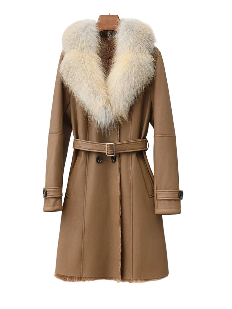 Speciale uitverkoop: Originele geïntegreerde jas van ecologisch bont voor dames, halflange lamsvachtjas met vossenbontkraag