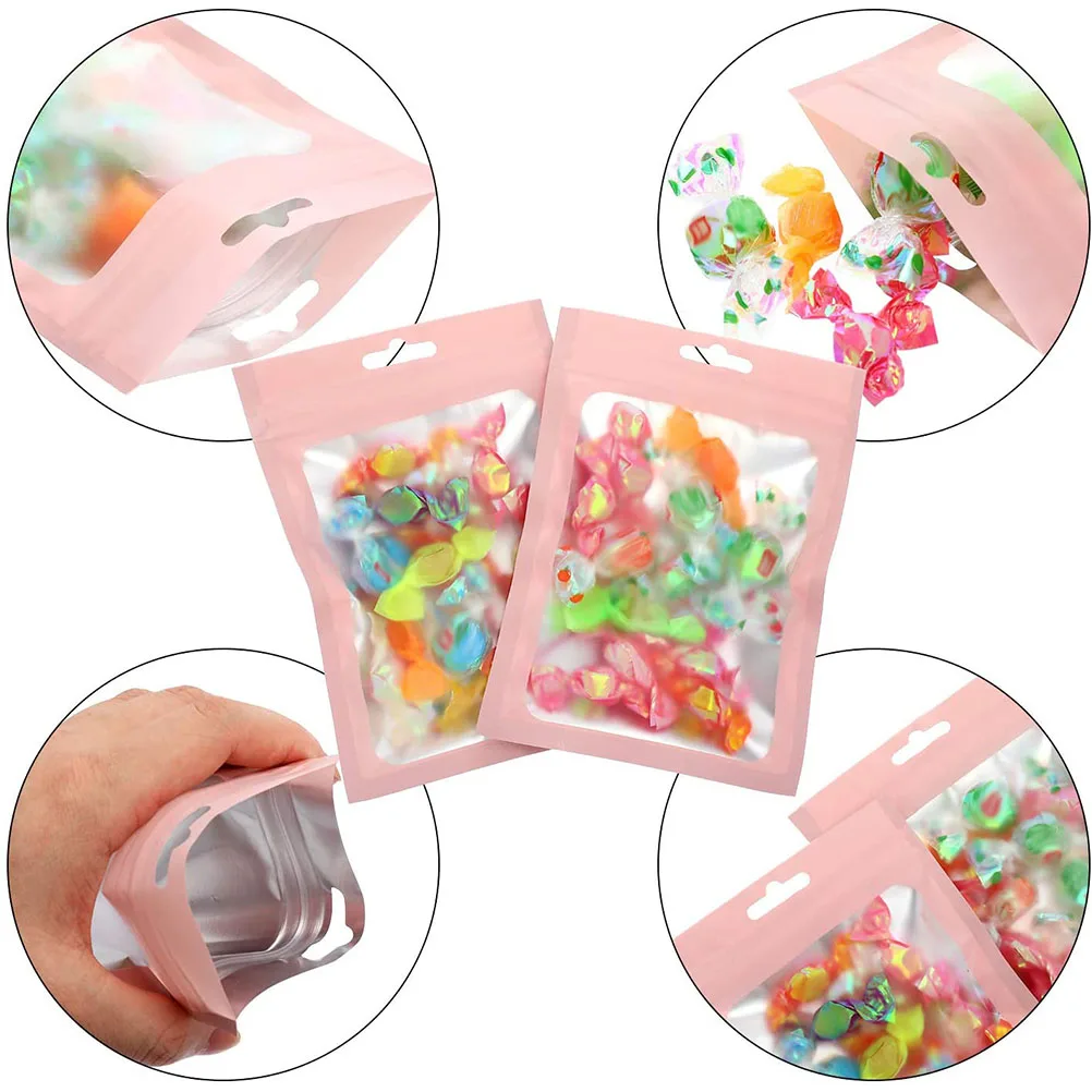 

100 Pcs Jewelry Bag Food Packaging Pouch Self Sealing Reusable Pink Clear Window Food Packaging Pouch Storage Container