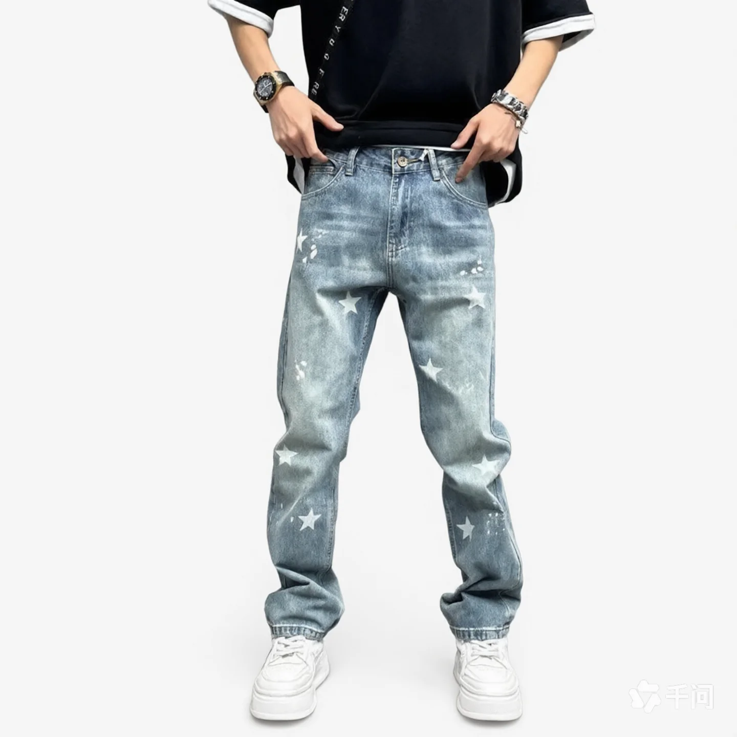 Spring and Autumn New Fashion Trendy Printed Straight-leg Sports Jeans Men's Casual Loose Stretch High-quality Denim Pants