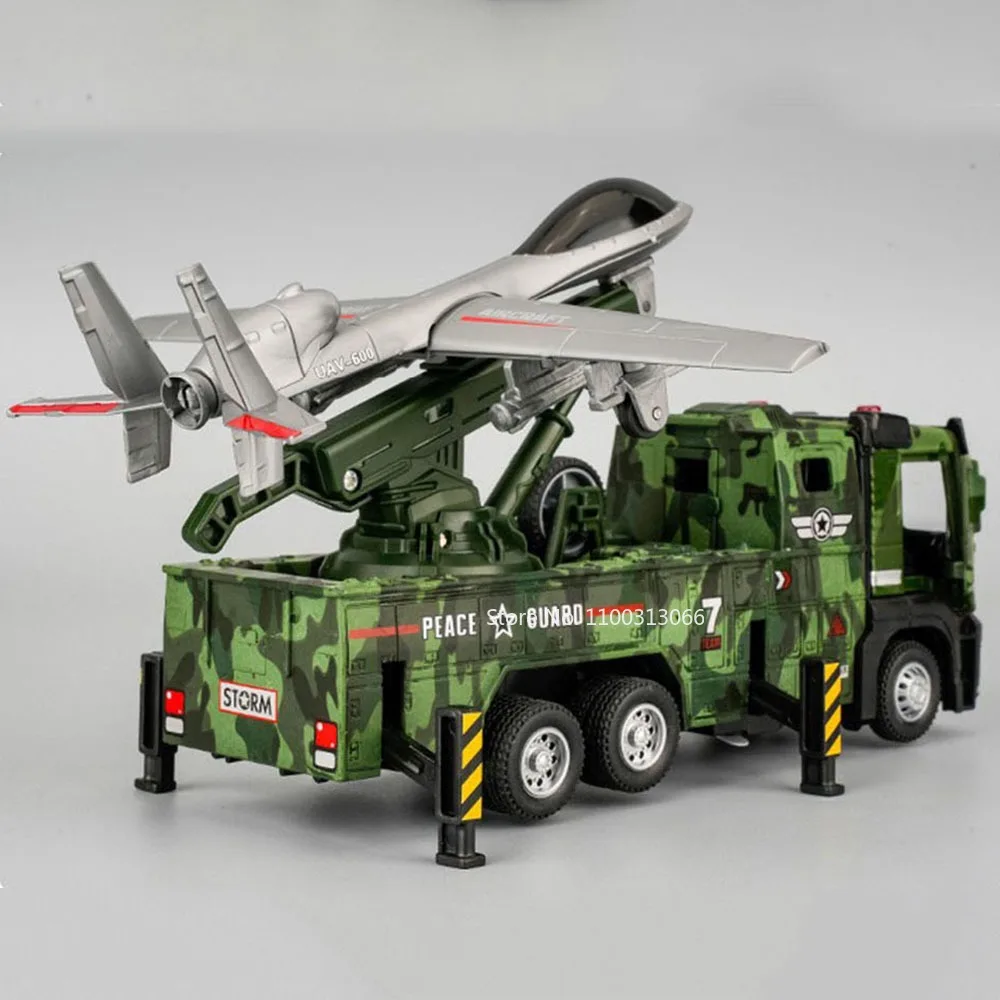 1:32 Military Drone Launch Vehicle Toys Cars Alloy Models Wheel Pull Back with Light Sound Miniature Car for Boys Birthday Gifts