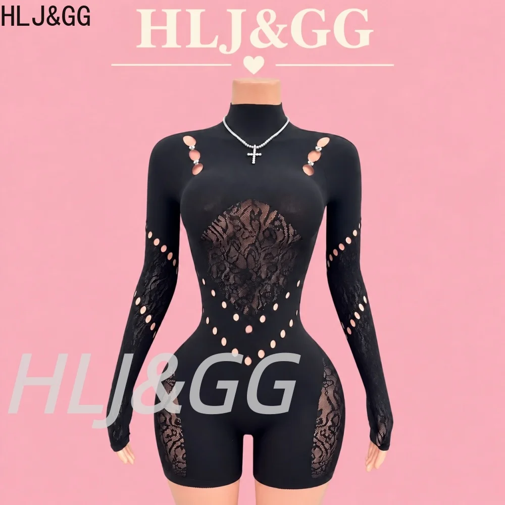 HLJ&GG Women's Sexy Lace Patchwork Short Romper High Neck Long Sleeve Cut Out Hole Detail Bodycon Jumpsuit Club One Piece Outfit