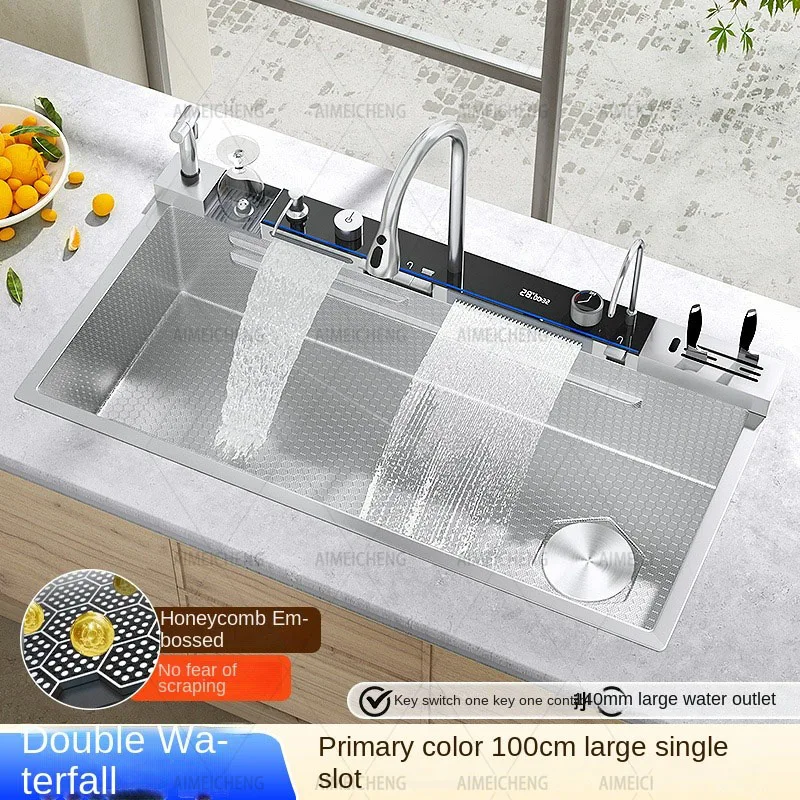 Customized 1000x500mm Silver Smart Kitchen Stainless Steel Sink Multifunction Waterfall Large Single Bowl Sink with Spray Gun