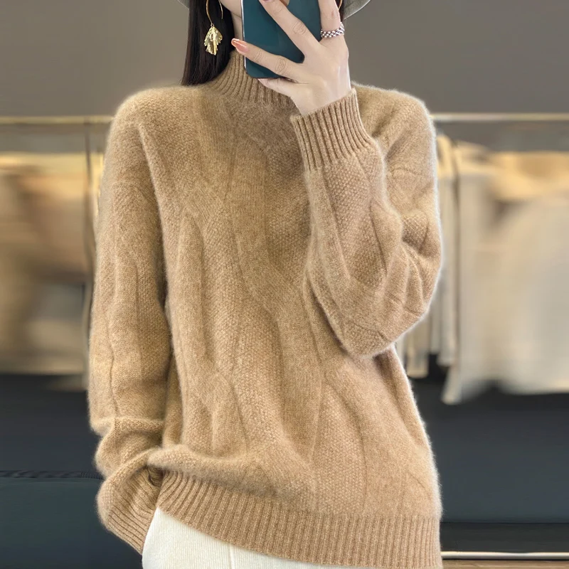 Authentic 100% Pure Wool Women's Autumn And Winter New High Neck Loose Warm Plus Size French Pullover Sweater Base Knit Sweater