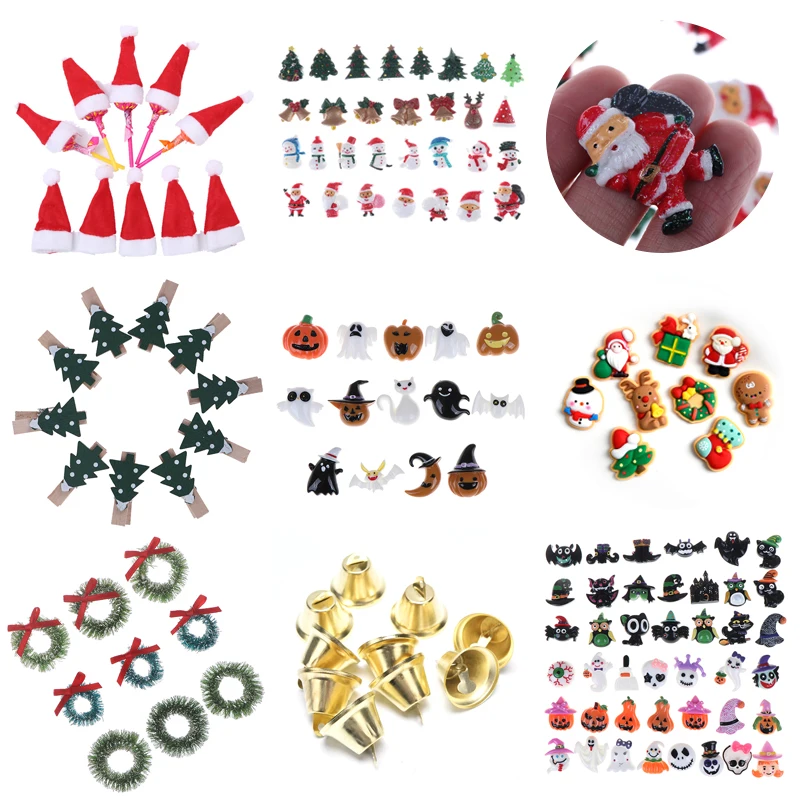 10pcs Mini Christmas Tree Santa Claus Snowman Bell Kid Toy Gift Fairy Garden/Halloween Pumpkin Ghost Hat Ornaments Mini Figurine