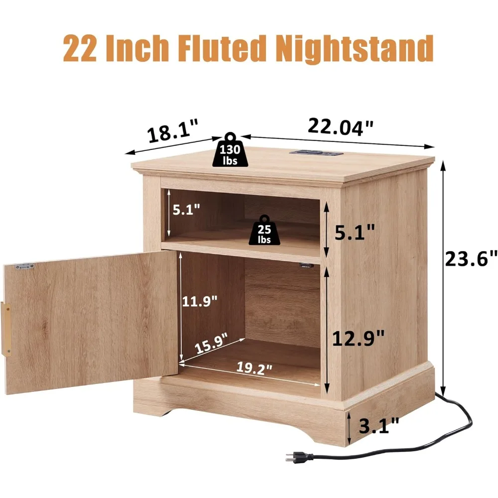 Fluted Nightstand with Charging Station,  Modern Side Table, Wood End Table w/Open Shelf & Spacious Tabletop, Bedside Table