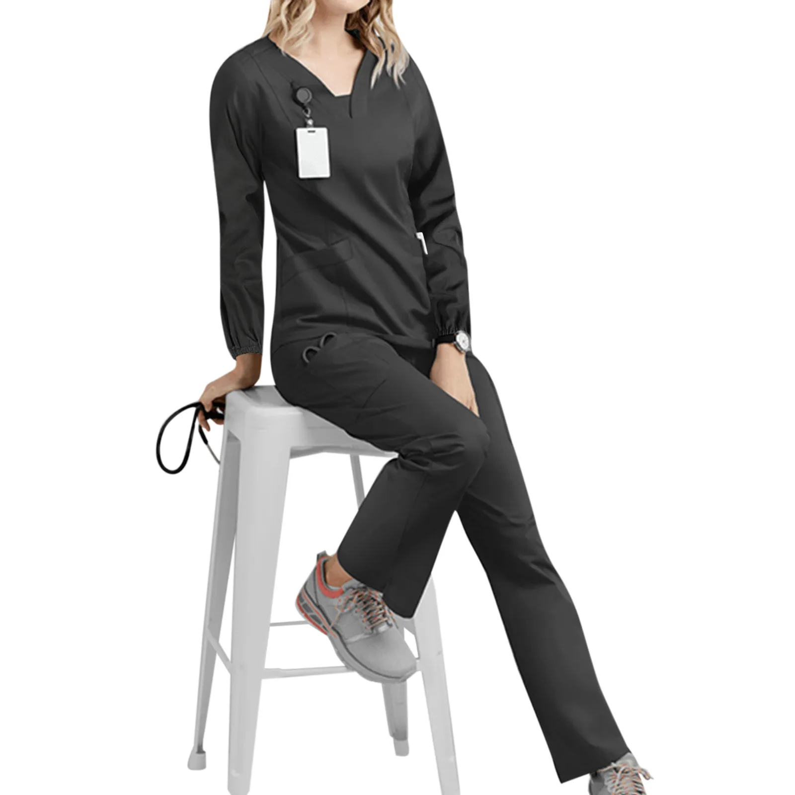 Multipocket Thermal Long Sleeve T-Shirt Nurse Uniform Working Clothes For Women Black Basic V-Neck Casual Tee Long Pants Set