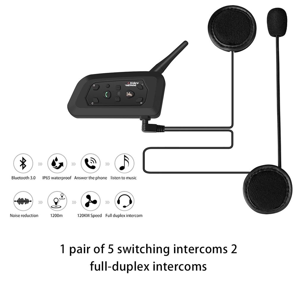 2Pcs V6 Bluetooth Motorhelm Intercom Headset Zwart Bt Interphone Communicator Voor 6 Riders Waterdichte Communicator
