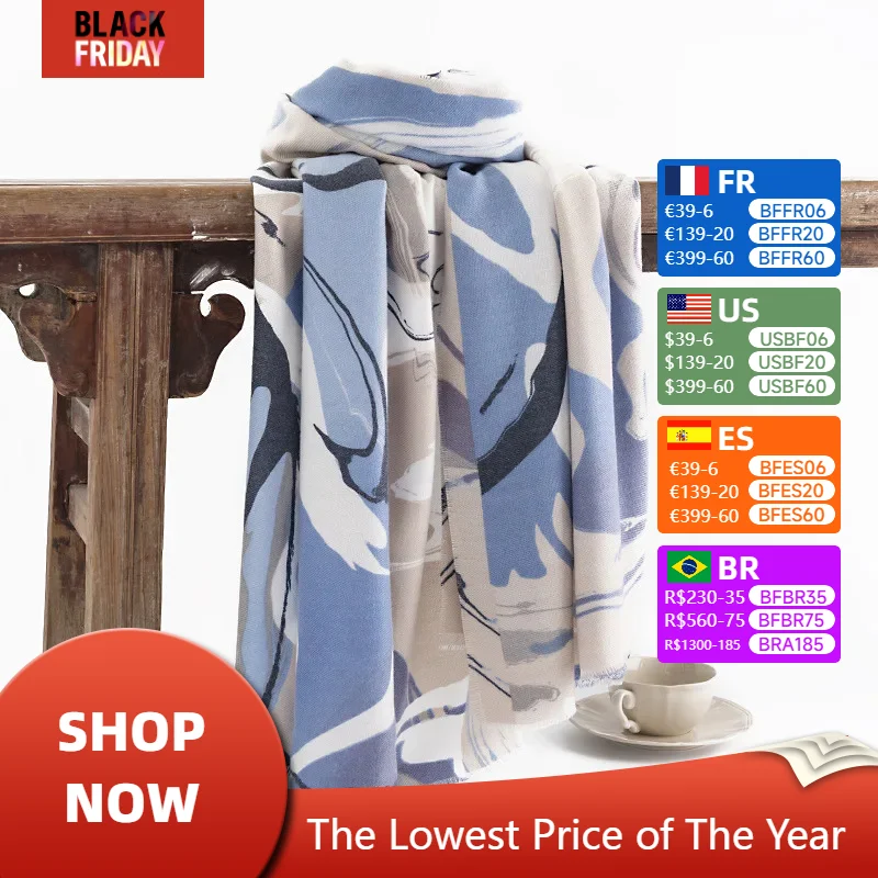 Fashion Blue Splicing Color Luxury Scarf for Women Retro Trend Winter Imitation Cashmere Warm Scarves Shawl Clothing Accessories