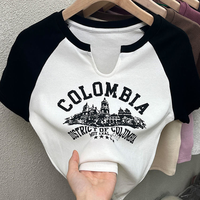 Retro American Style Spicy Girl Print Color Block Short Sleeve T-shirt Women Summer Design Few Slim Fit Top