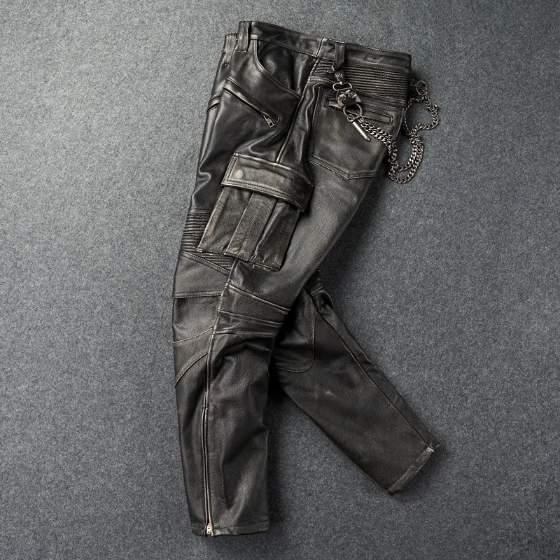 Motorcycle Riding Pants Leather Men's First Layer Cowhide Cargo Pants Vintage Multi Pocket Genuine Leather Pants